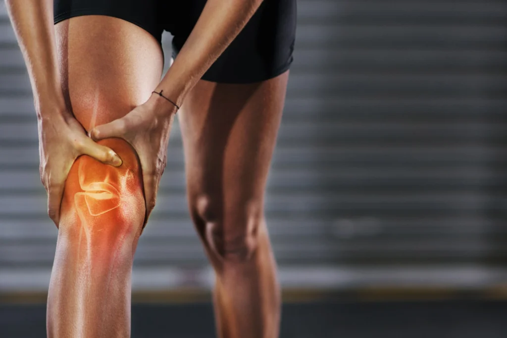 knee injury red muscle man exercise with medical pain body strain sports emergency legs wound fitness accident from workout arthritis skeleton anatomy orthopedic first aid